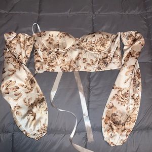 Beige Floral Corset Crop Top